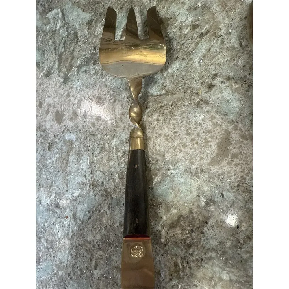 Vintage 1950’s Siam Thailand Mid Century Bronze And Wood Serving‎ Fork & Spoon